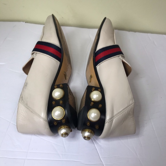 GUCCI Peyton Leather Pearl Heels Marmont GG Shoes Loafers Designer Gold Hardware - Picture 15 of 17